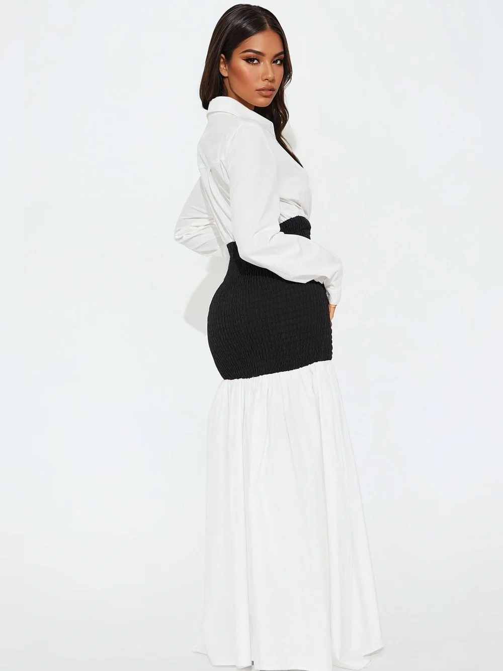 Fashion Nova Olivia Smocked Maxi Shirt Dress - White/Black - Picture 2 of 5